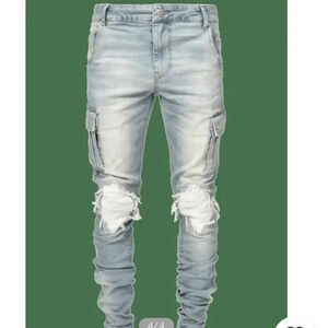 REPUTATION  STUDIOS MENS SLIM FIT DISTRESSED CARGO DENIM LIGHT STONE SIZE30